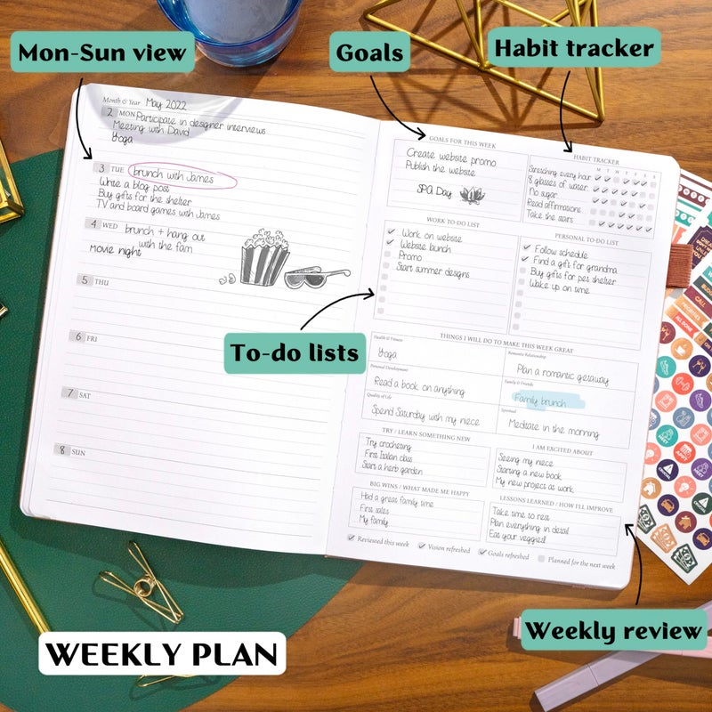 Legend Planner PRO â€“ Deluxe Weekly & Monthly Life Planner to Increase Productivity and Hit Your Goals. Time Management Organizer Notebook â€“ Undated â€“ 7 x 10" Hardcover + Stickers â€“ Rose Gold - Image 3